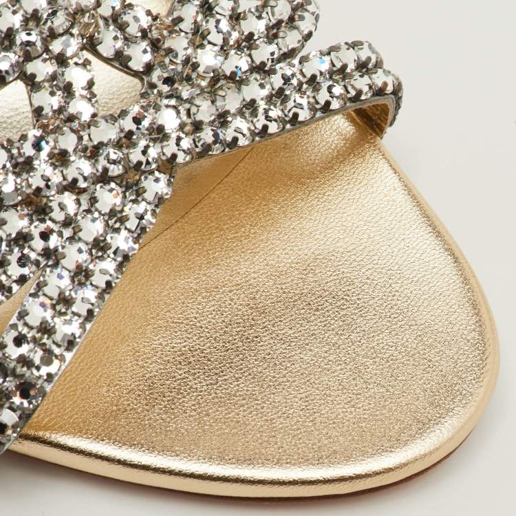 Pre Owned Gina Size 38.5 Metallic Leather Crystal Embellished Slide Sandals