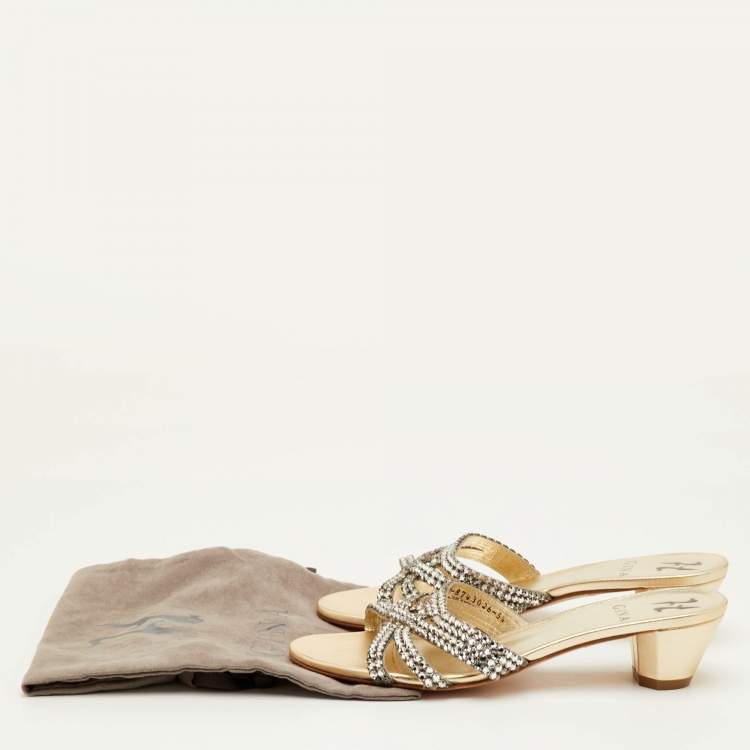 Pre Owned Gina Size 38.5 Metallic Leather Crystal Embellished Slide Sandals