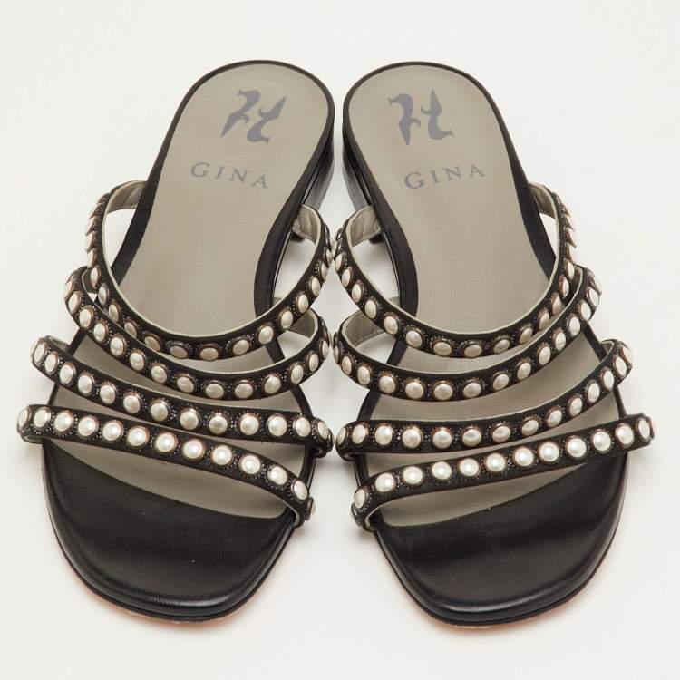 Pre Owned Gina Size 38.5 Black Satin Strappy Embellished Flat Sandals