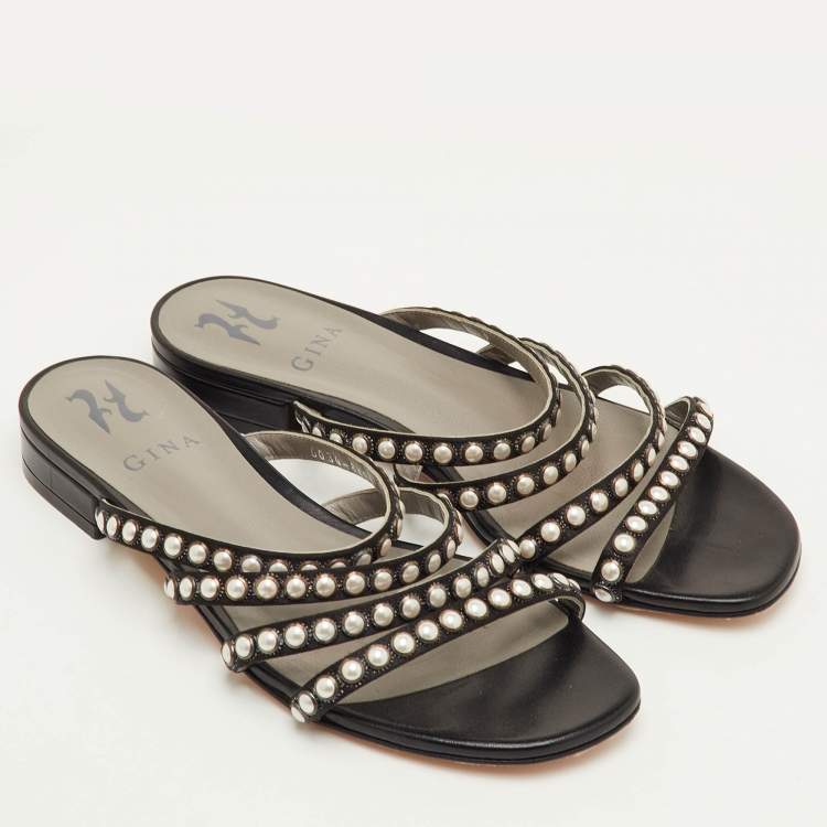 Pre Owned Gina Size 38.5 Black Satin Strappy Embellished Flat Sandals