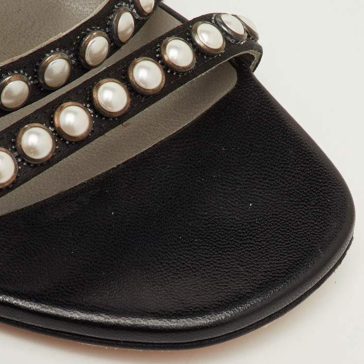 Pre Owned Gina Size 38.5 Black Satin Strappy Embellished Flat Sandals