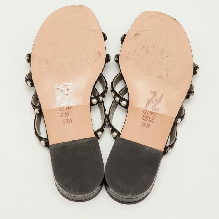 Pre Owned Gina Size 38.5 Black Satin Strappy Embellished Flat Sandals