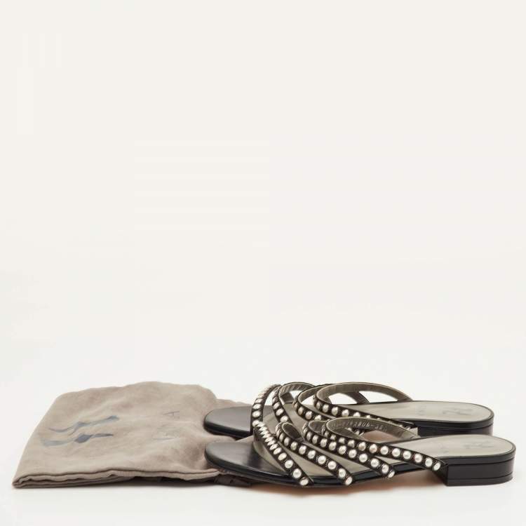 Pre Owned Gina Size 38.5 Black Satin Strappy Embellished Flat Sandals