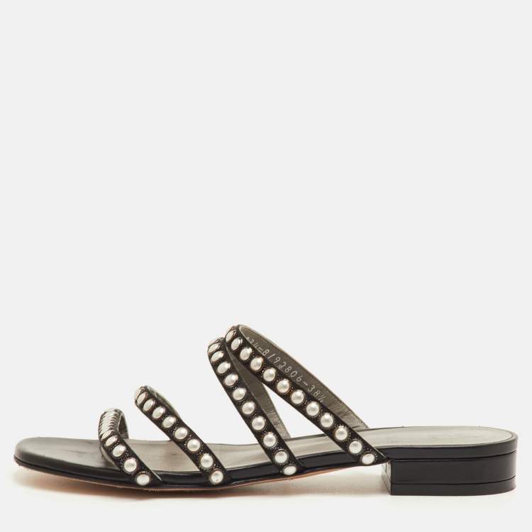 Pre Owned Gina Size 38.5 Black Satin Strappy Embellished Flat Sandals