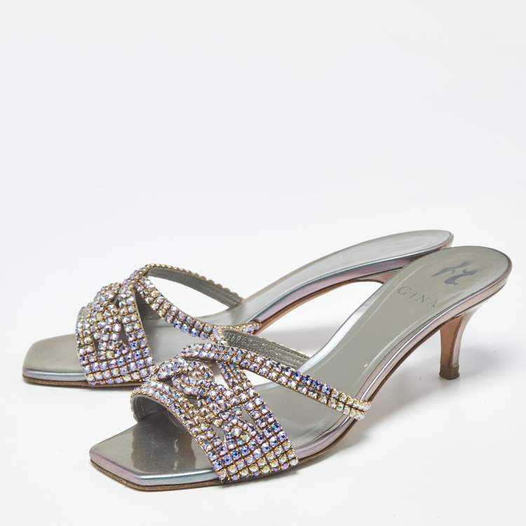 Pre Owned Gina Size 38.5 Silver Leather Crystal Embellished Slide Sandals