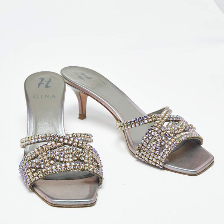 Pre Owned Gina Size 38.5 Silver Leather Crystal Embellished Slide Sandals