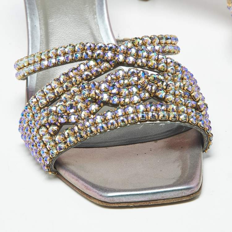 Pre Owned Gina Size 38.5 Silver Leather Crystal Embellished Slide Sandals