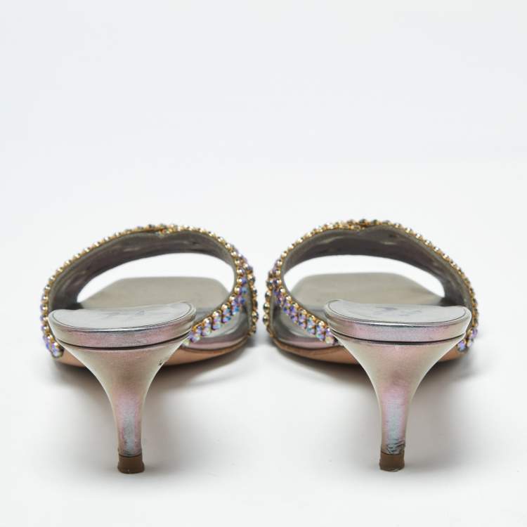 Pre Owned Gina Size 38.5 Silver Leather Crystal Embellished Slide Sandals