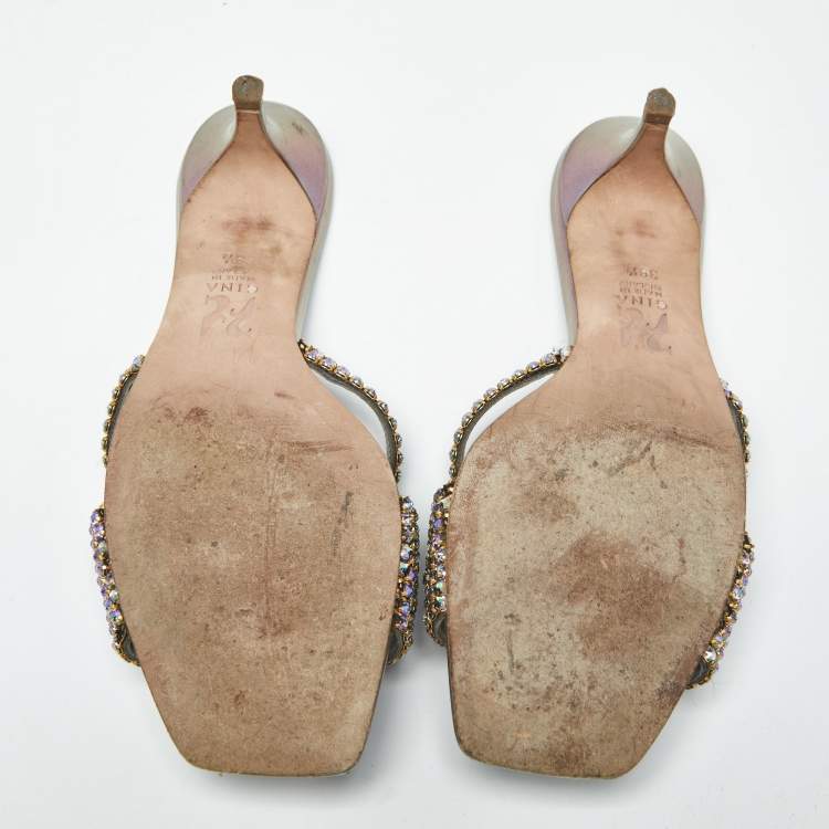 Pre Owned Gina Size 38.5 Silver Leather Crystal Embellished Slide Sandals