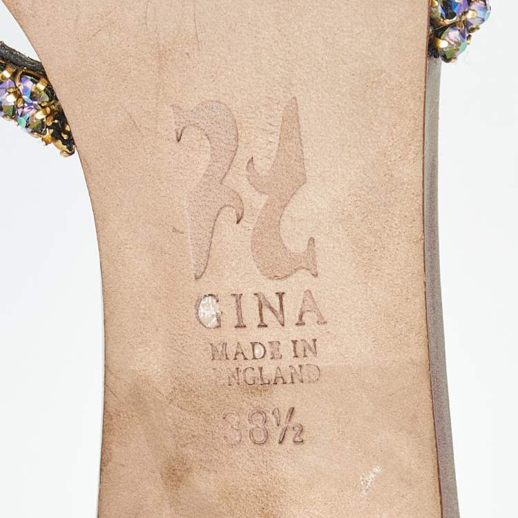 Pre Owned Gina Size 38.5 Silver Leather Crystal Embellished Slide Sandals