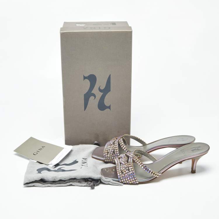 Pre Owned Gina Size 38.5 Silver Leather Crystal Embellished Slide Sandals