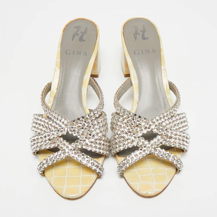 Pre Owned Gina Size 37.5 Metallic Leather Crystal Embellished Slide Sandals