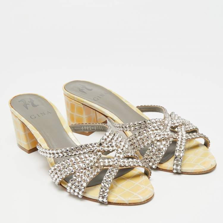 Pre Owned Gina Size 37.5 Metallic Leather Crystal Embellished Slide Sandals