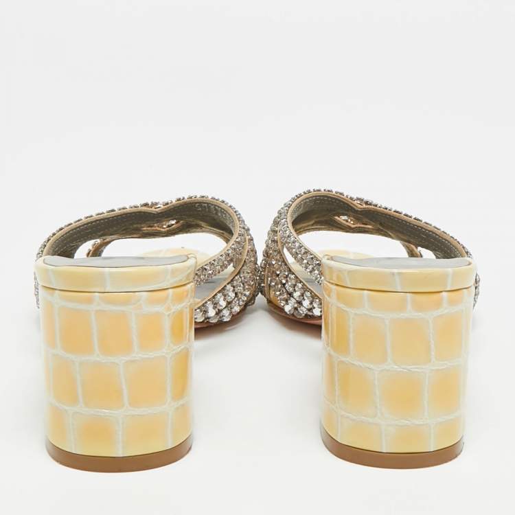 Pre Owned Gina Size 37.5 Metallic Leather Crystal Embellished Slide Sandals