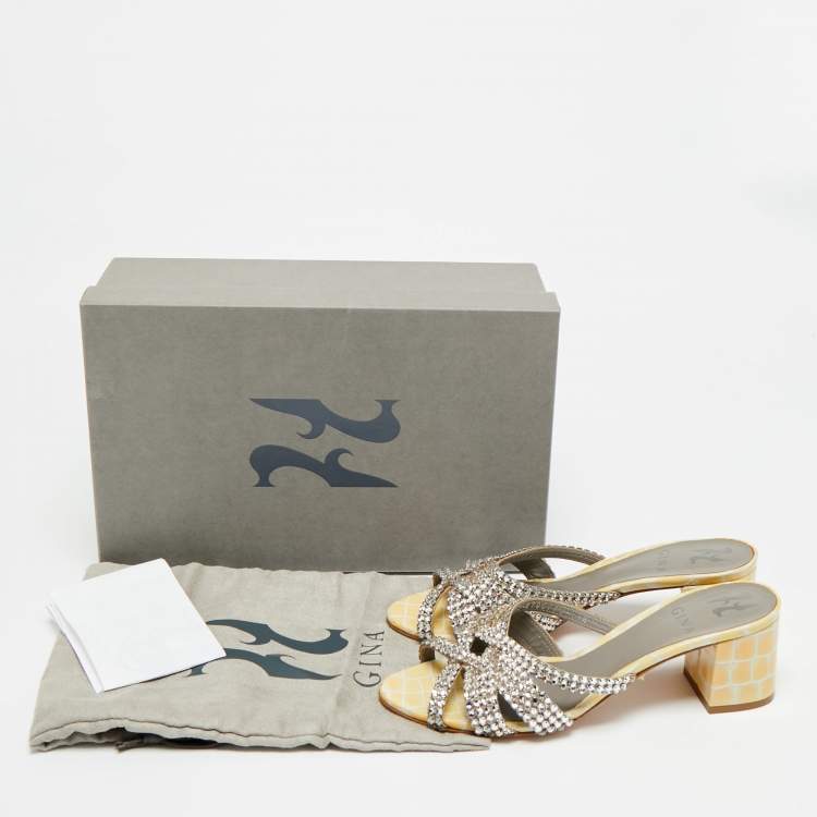 Pre Owned Gina Size 37.5 Metallic Leather Crystal Embellished Slide Sandals