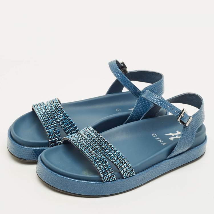 Pre Owned Gina Size 39 Navy Blue Lizard Embossed Leather Ankle Strap Flat Sandals