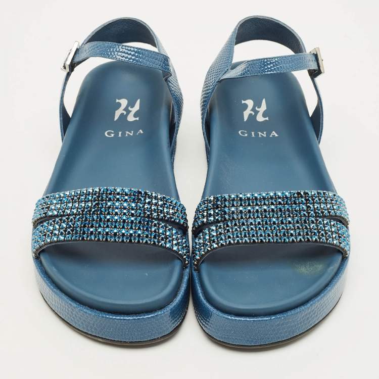 Pre Owned Gina Size 39 Navy Blue Lizard Embossed Leather Ankle Strap Flat Sandals