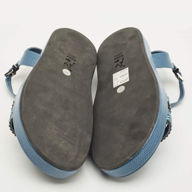 Pre Owned Gina Size 39 Navy Blue Lizard Embossed Leather Ankle Strap Flat Sandals