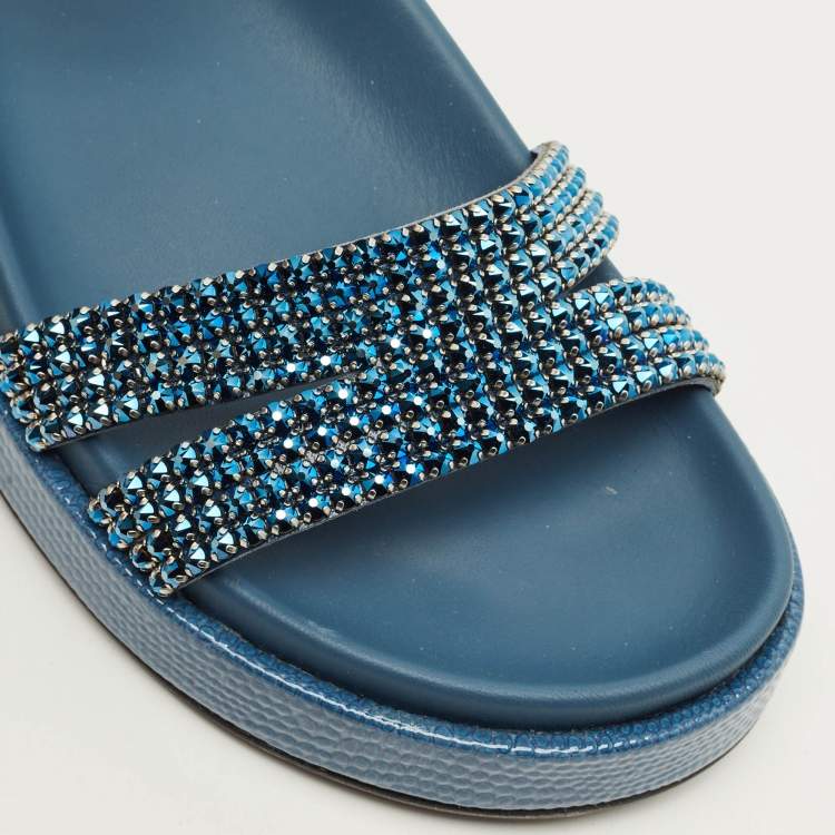 Pre Owned Gina Size 39 Navy Blue Lizard Embossed Leather Ankle Strap Flat Sandals