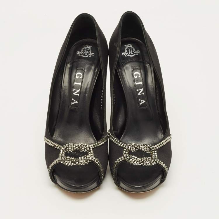 Pre Owned Gina Size 40.5 Black Satin Crystal Embellished Pumps