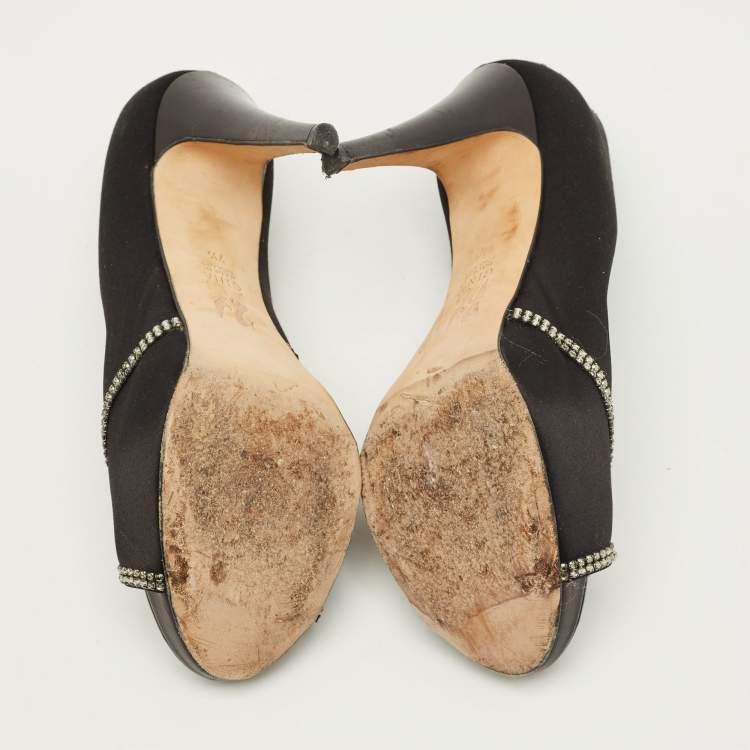 Pre Owned Gina Size 40.5 Black Satin Crystal Embellished Pumps