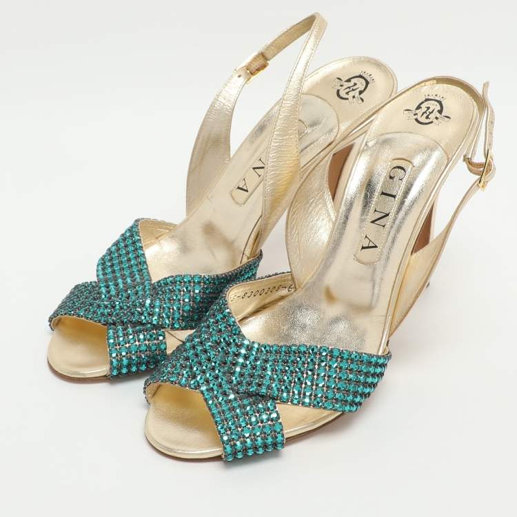 مملوكة مسبقًا Gina Size 39.5 Gold Crystals and Metalic Leather Slingback Sandals