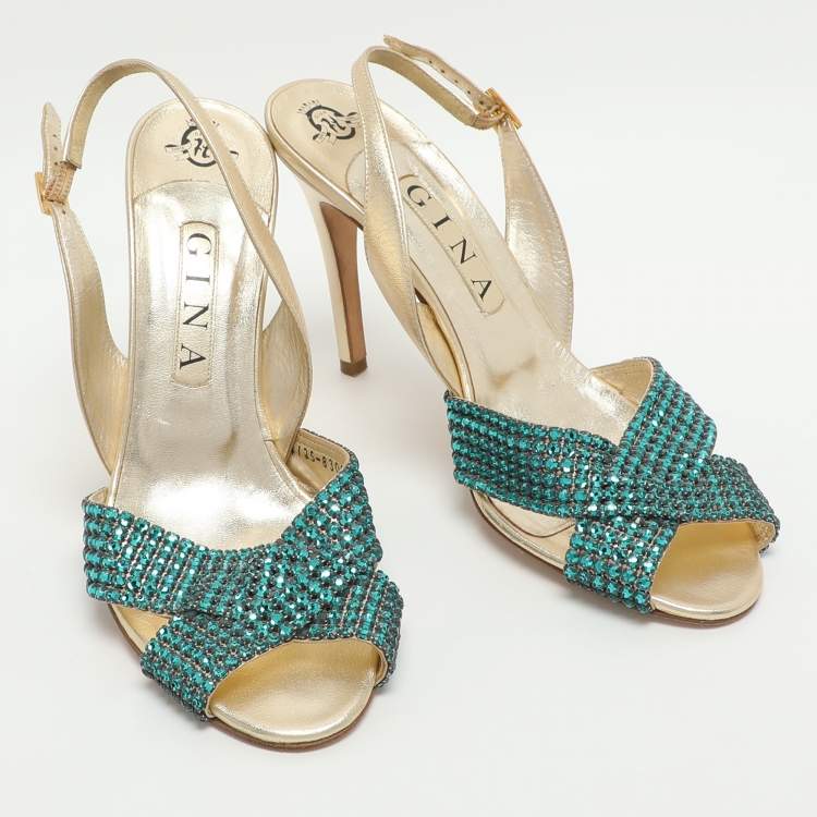مملوكة مسبقًا Gina Size 39.5 Gold Crystals and Metalic Leather Slingback Sandals