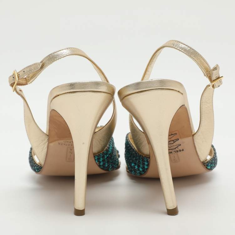 مملوكة مسبقًا Gina Size 39.5 Gold Crystals and Metalic Leather Slingback Sandals