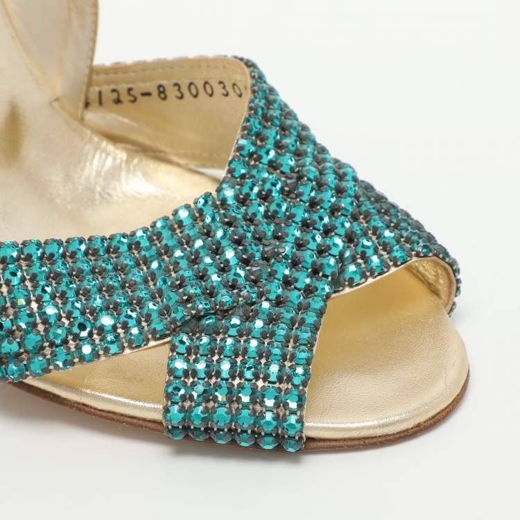 مملوكة مسبقًا Gina Size 39.5 Gold Crystals and Metalic Leather Slingback Sandals