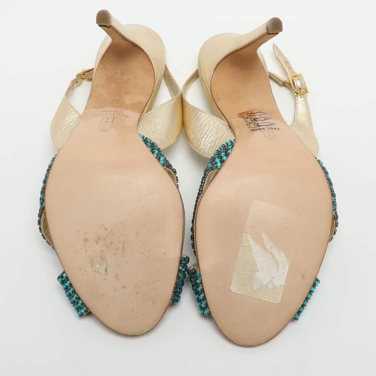 مملوكة مسبقًا Gina Size 39.5 Gold Crystals and Metalic Leather Slingback Sandals