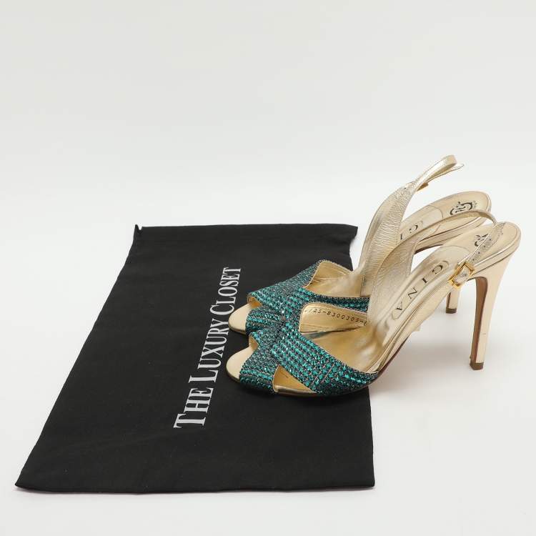 مملوكة مسبقًا Gina Size 39.5 Gold Crystals and Metalic Leather Slingback Sandals