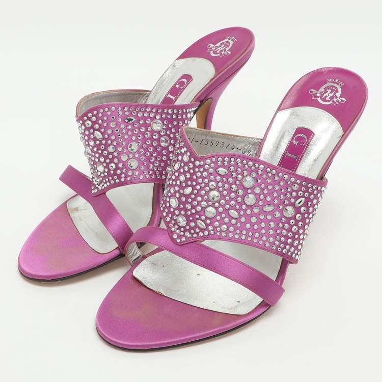 Pre Owned Gina Size 39.5 Purple Crystals and Satin Slide Sandals