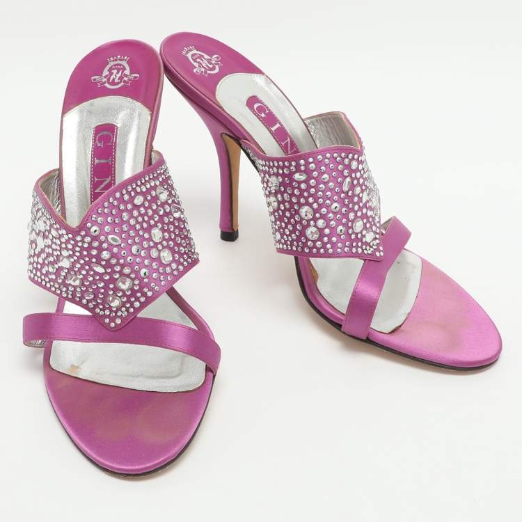 Pre Owned Gina Size 39.5 Purple Crystals and Satin Slide Sandals