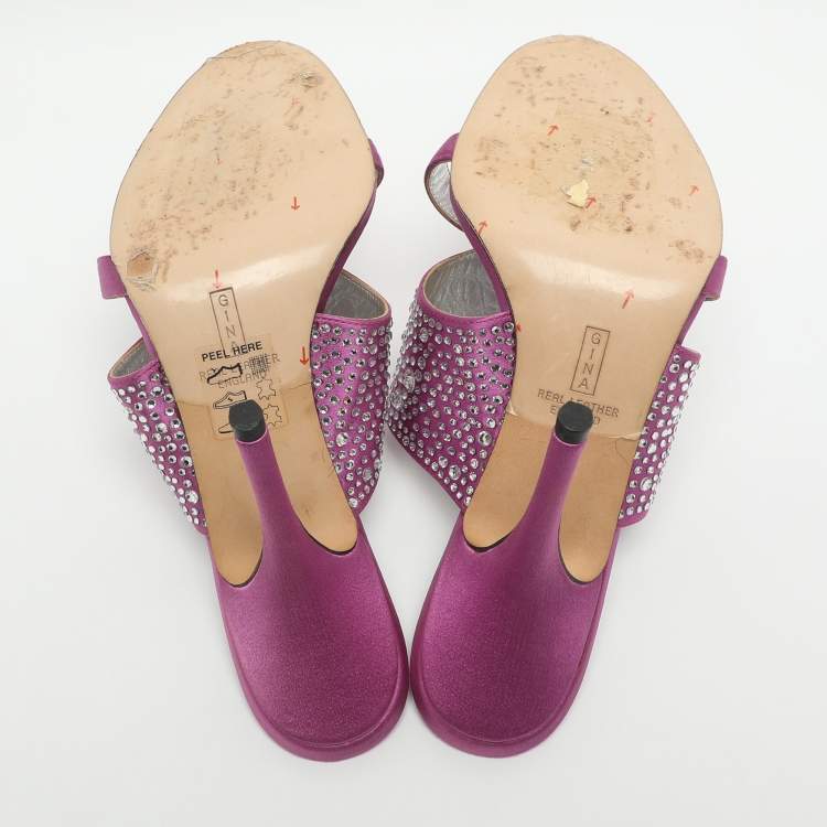 Pre Owned Gina Size 39.5 Purple Crystals and Satin Slide Sandals