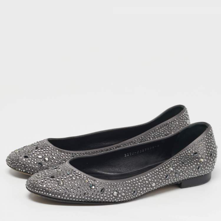 Pre Owned Gina Size 41 Grey Satin Crystal Embellished Ballet Flats