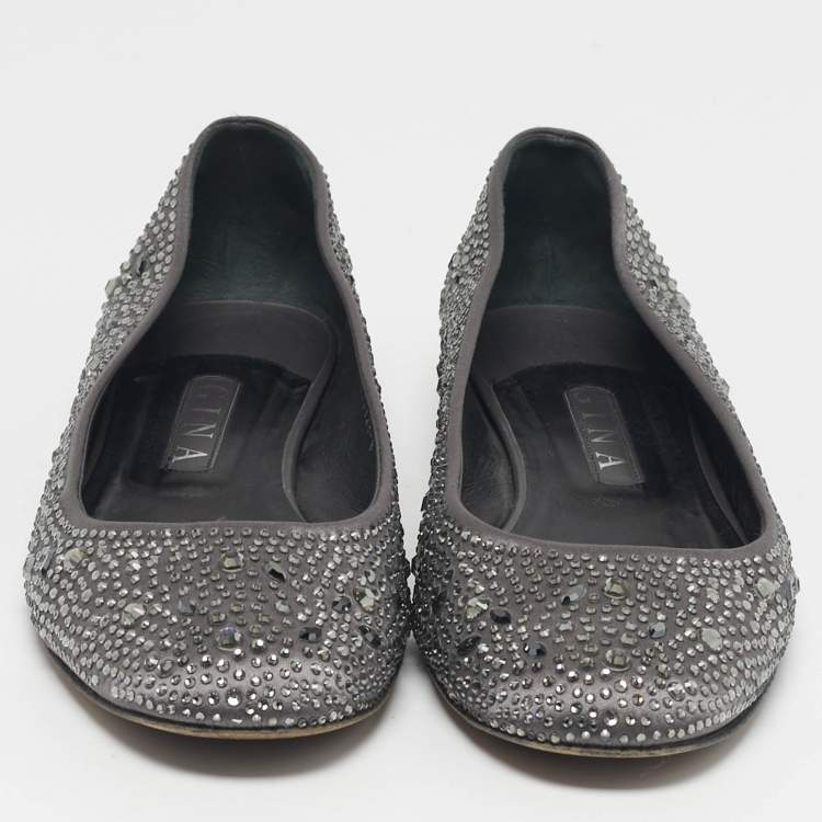 Pre Owned Gina Size 41 Grey Satin Crystal Embellished Ballet Flats