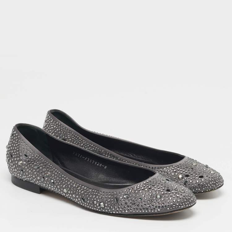 Pre Owned Gina Size 41 Grey Satin Crystal Embellished Ballet Flats
