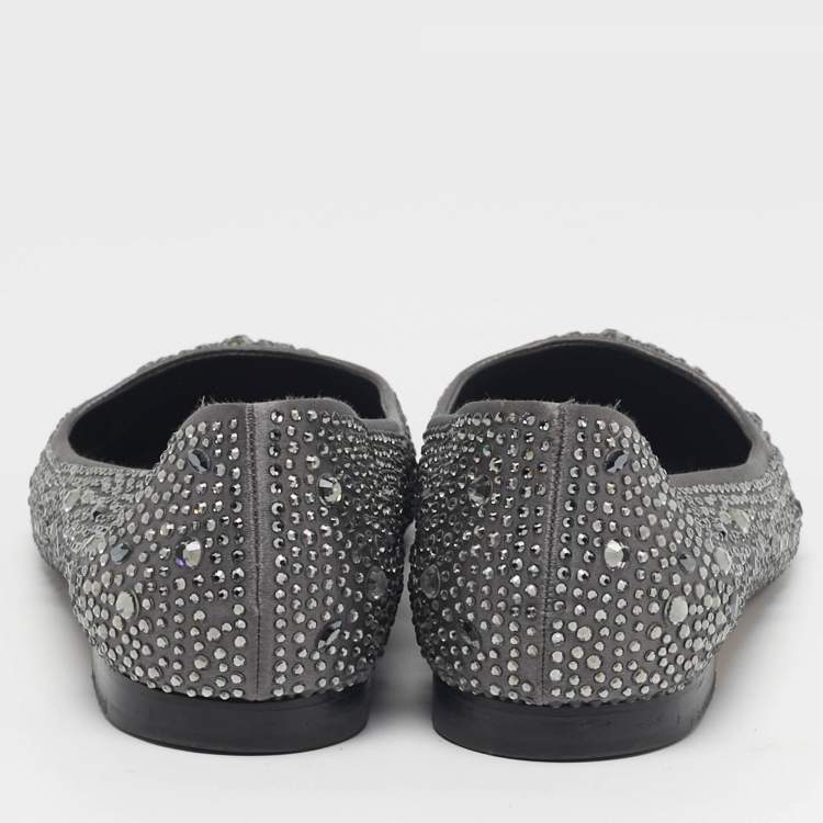 Pre Owned Gina Size 41 Grey Satin Crystal Embellished Ballet Flats