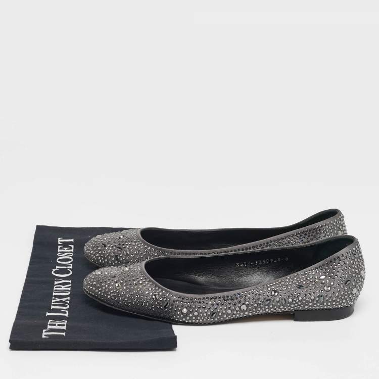 Pre Owned Gina Size 41 Grey Satin Crystal Embellished Ballet Flats