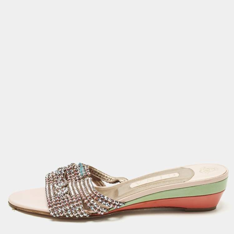 Pre Owned Gina Size 41 Multicolor Leather Crystal Embellished Wedge Sandals