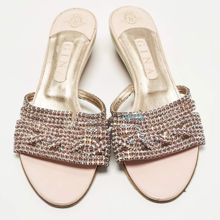 Pre Owned Gina Size 41 Multicolor Leather Crystal Embellished Wedge Sandals