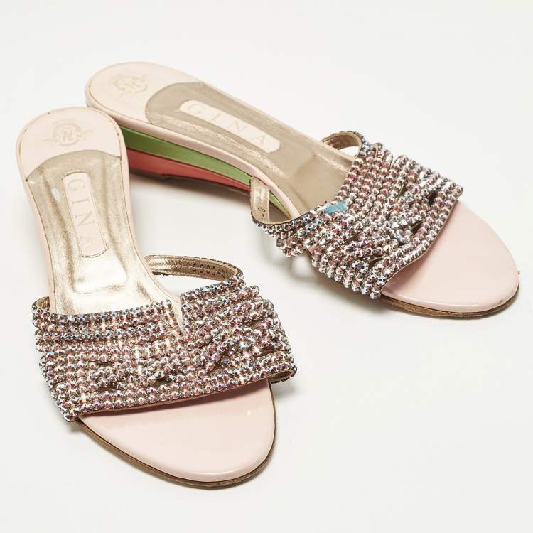 Pre Owned Gina Size 41 Multicolor Leather Crystal Embellished Wedge Sandals