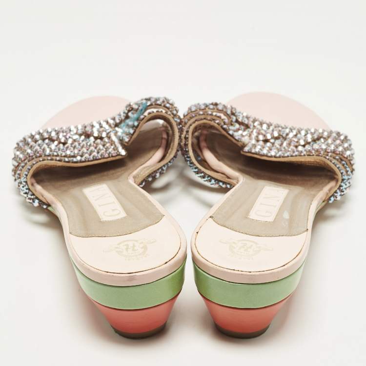 Pre Owned Gina Size 41 Multicolor Leather Crystal Embellished Wedge Sandals