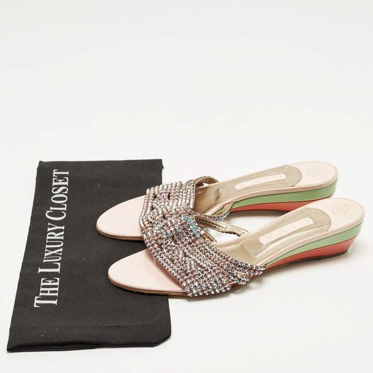 Pre Owned Gina Size 41 Multicolor Leather Crystal Embellished Wedge Sandals