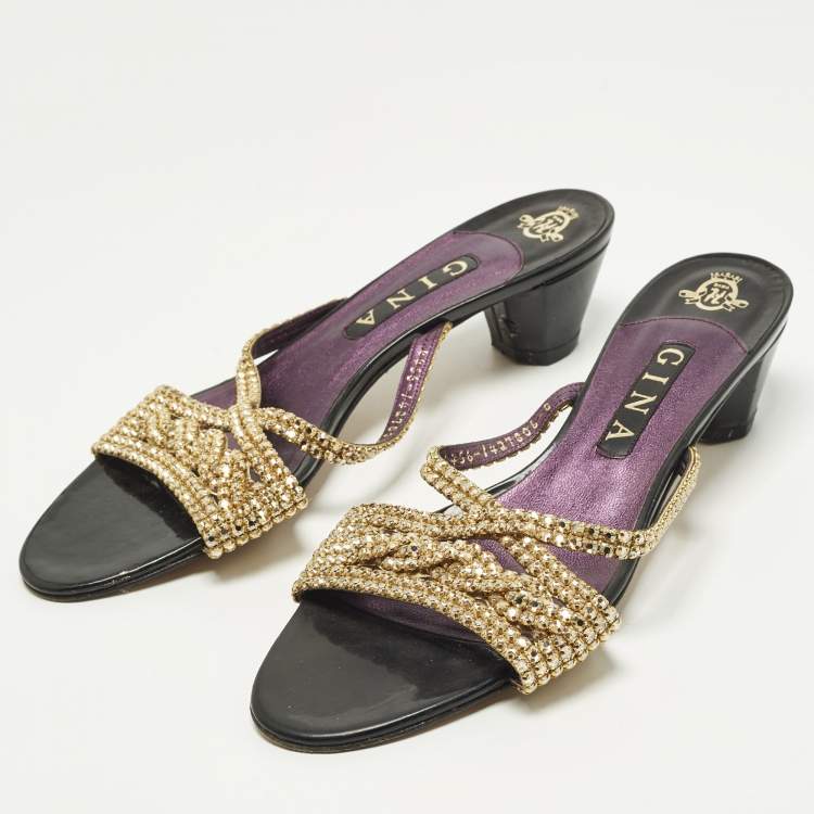 Pre Owned Gina Size 41 Gold Leather Crystal Embellished Slide Sandals