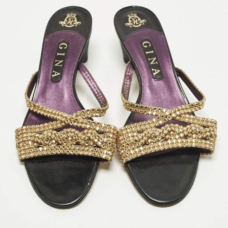Pre Owned Gina Size 41 Gold Leather Crystal Embellished Slide Sandals