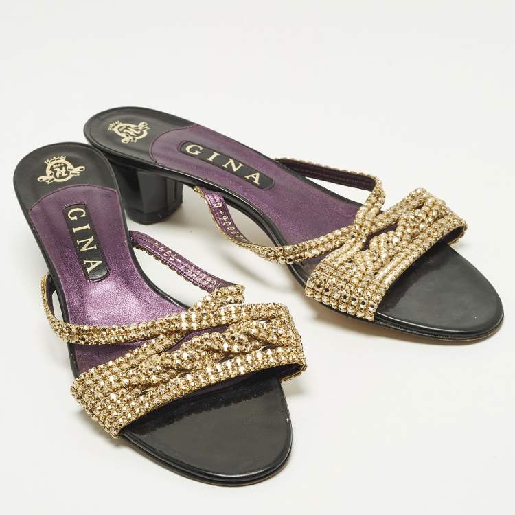 Pre Owned Gina Size 41 Gold Leather Crystal Embellished Slide Sandals