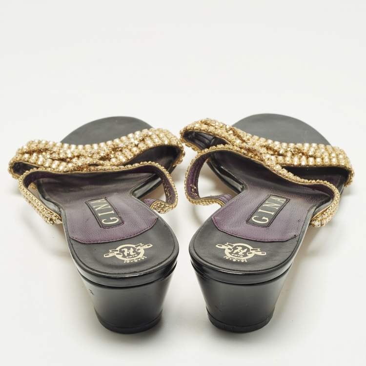 Pre Owned Gina Size 41 Gold Leather Crystal Embellished Slide Sandals