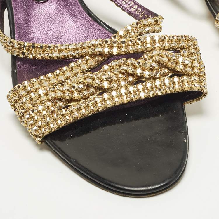 Pre Owned Gina Size 41 Gold Leather Crystal Embellished Slide Sandals