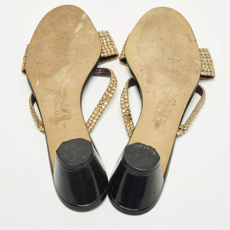 Pre Owned Gina Size 41 Gold Leather Crystal Embellished Slide Sandals